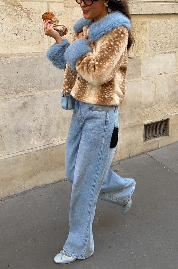 Delphine | Manteau ample en fausse fourrure à taches, col duveteux et blocs de couleur