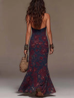 Yoana | Vestido largo retro de encaje con cuello halter y estampado floral estilo sirena.