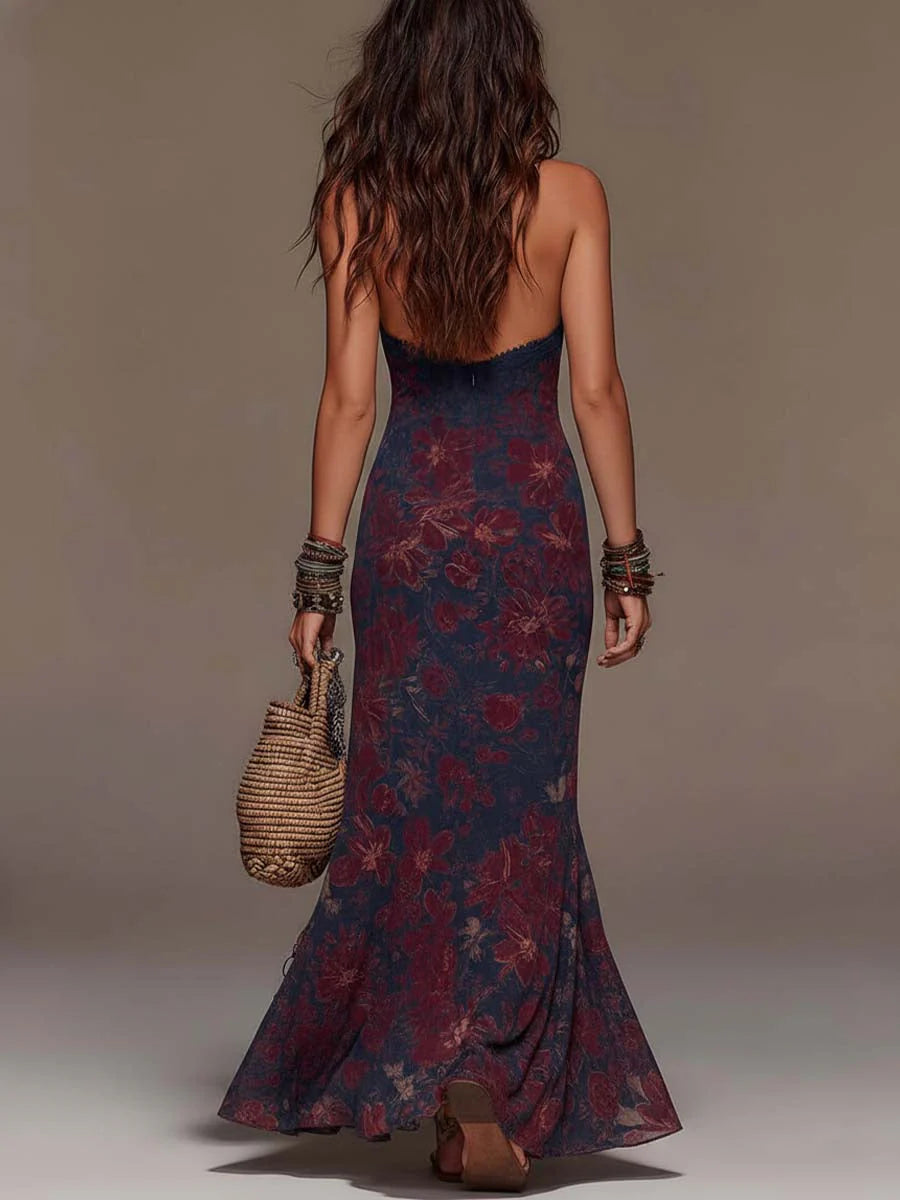 Yoana | Vestido largo retro de encaje con cuello halter y estampado floral estilo sirena.