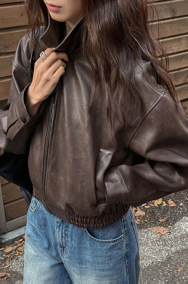 Garance | Courte veste en cuir à revers et poches