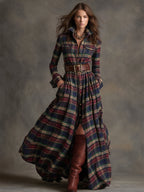 Margaux | Robe longue à revers et carreaux brun rougeâtre, style ethnique rétro