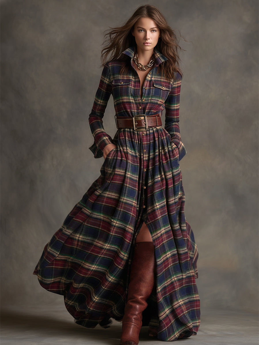 Margaux | Robe longue à revers et carreaux brun rougeâtre, style ethnique rétro
