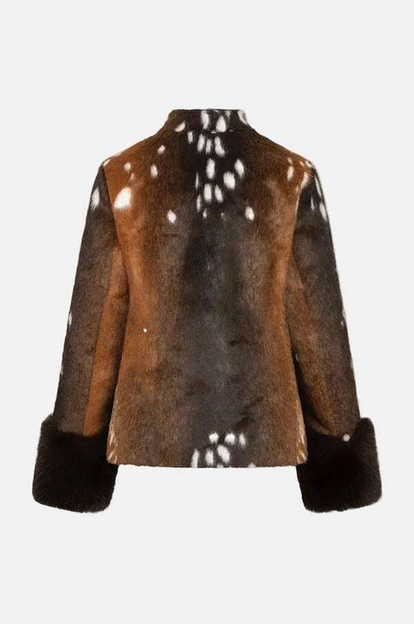 Faustine | Veste rétro en fausse fourrure imprimé animal, col montant et poignets duveteux