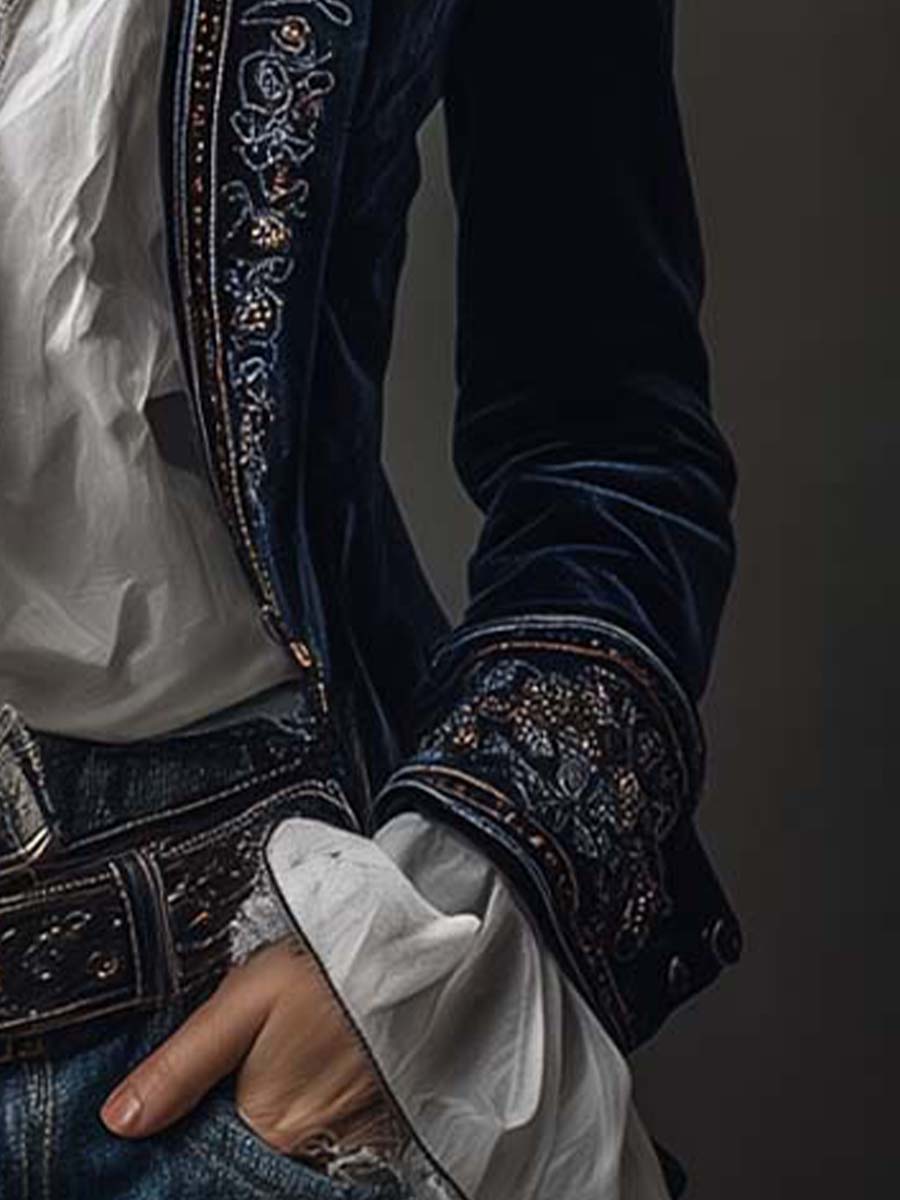 Éloïse | Veste longue brodée vintage bleu marine