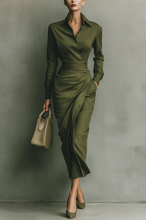 Armance | Robe mi-longue à col chemise, boutonnée devant et taille drapée pour femme