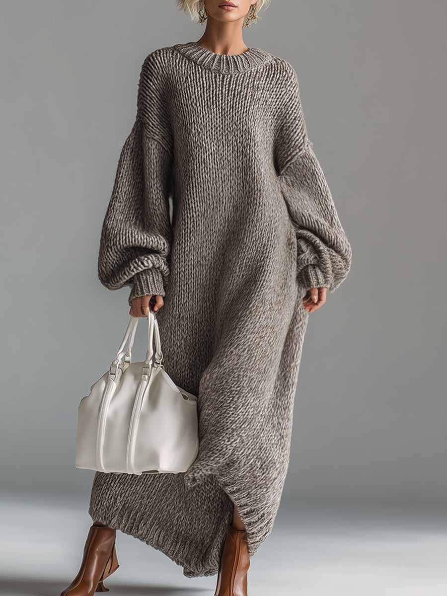 Ysaline | Robe longue élégante en maille chinée kaki à col rond