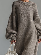 Ysaline | Robe longue élégante en maille chinée kaki à col rond