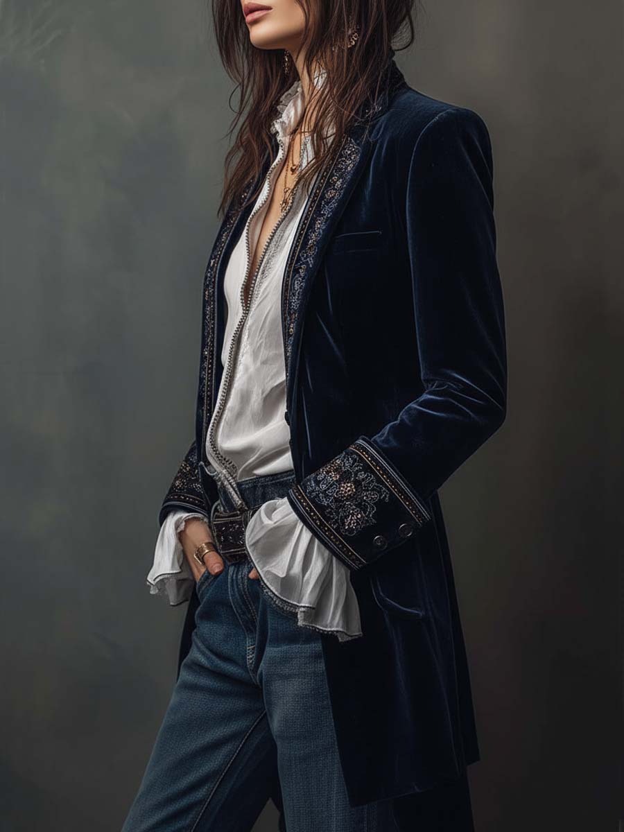 Éloïse | Veste longue brodée vintage bleu marine