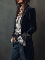 Éloïse | Veste longue brodée vintage bleu marine