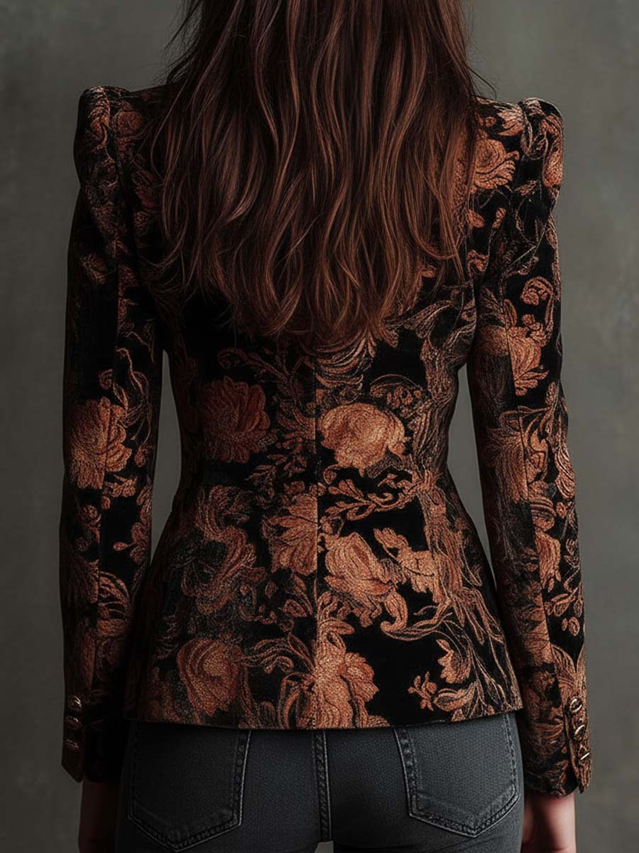 Jade | Blazer de tailleur à imprimé floral noir et bronze