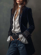 Éloïse | Veste longue brodée vintage bleu marine