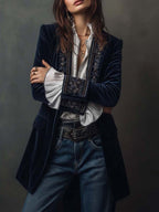 Éloïse | Veste longue brodée vintage bleu marine