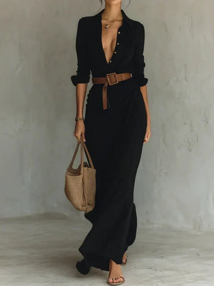 Aliénor | Robe longue portefeuille ceinturée à col V