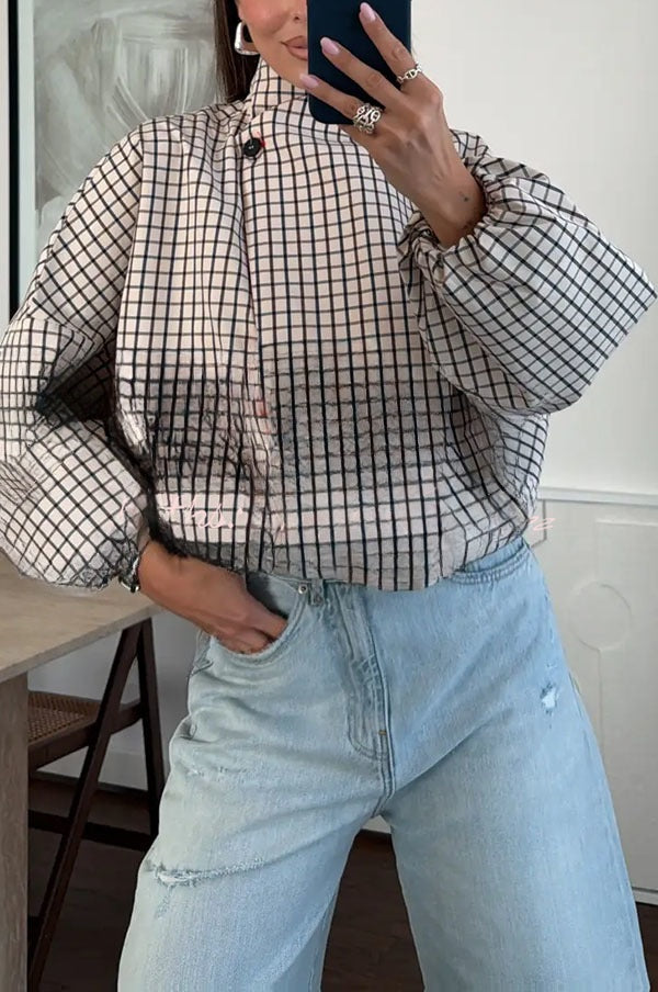 Capucine | Blouson bomber à carreaux décoratifs, manches ballon et poches