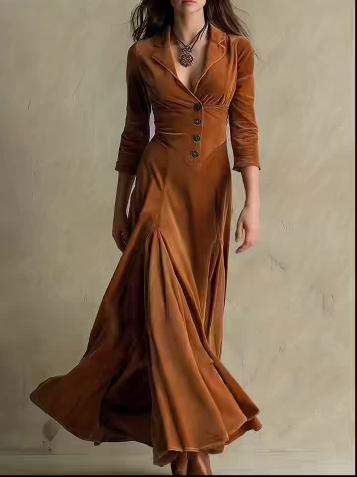 Hermance | Robe mi-longue à col chemise et décolleté en V, boutonnée devant, manches 7/8 pour femme