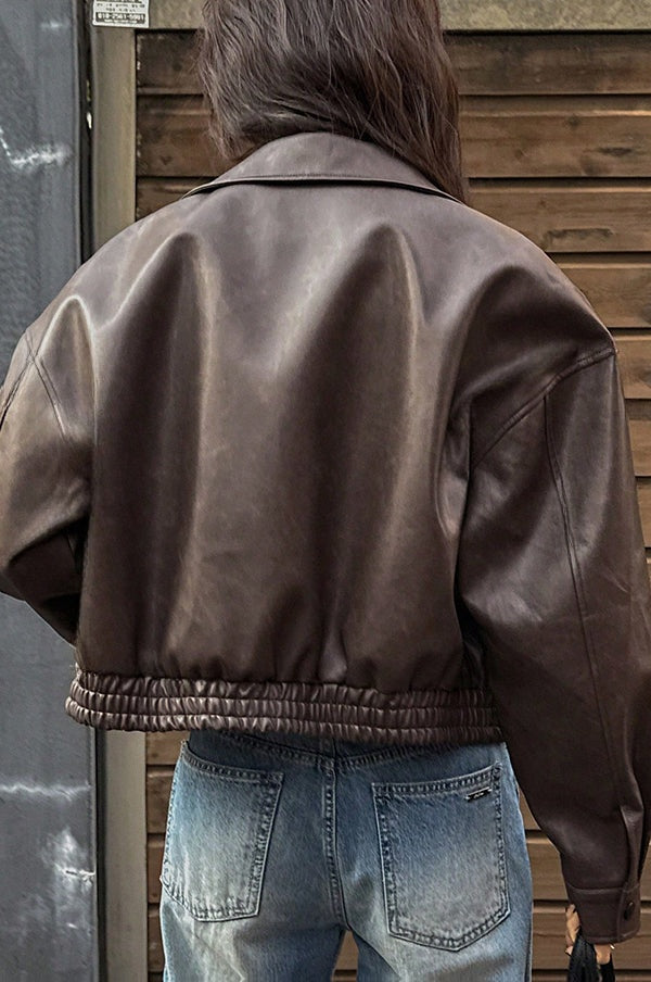 Garance | Courte veste en cuir à revers et poches