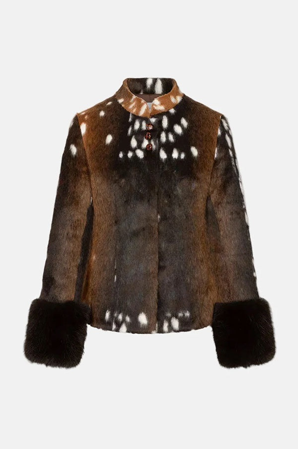 Faustine | Veste rétro en fausse fourrure imprimé animal, col montant et poignets duveteux