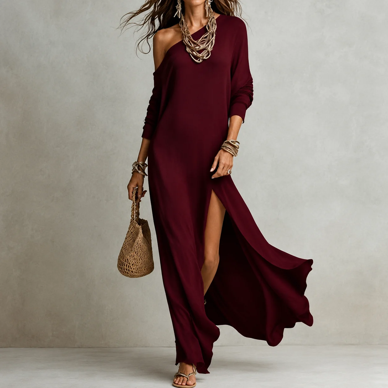 Naiara | Vestido maxi asimétrico de un hombro con abertura para mujer