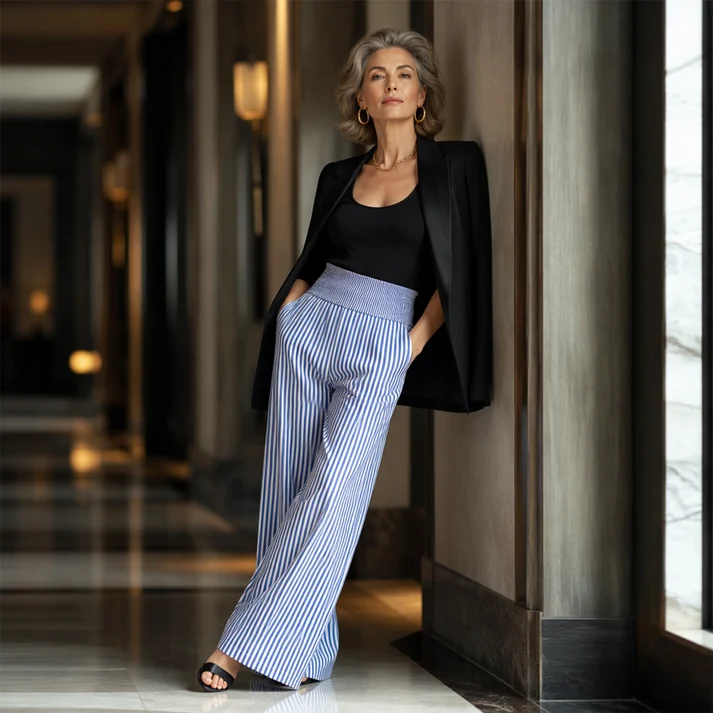 Vera | Pantalón Ancho de Rayas con Cintura Fruncida
