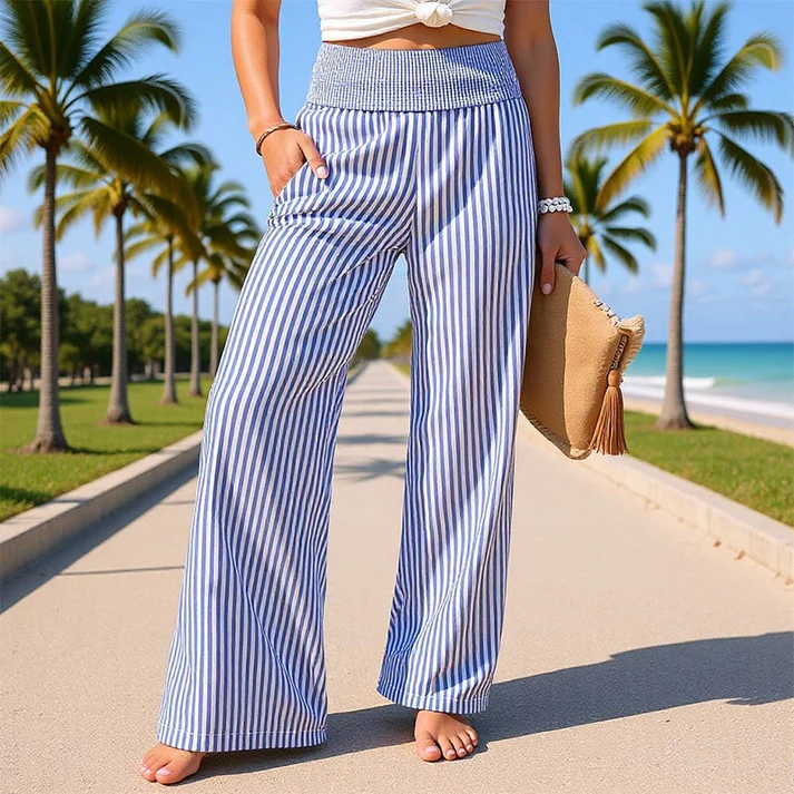 Vera | Pantalón Ancho de Rayas con Cintura Fruncida