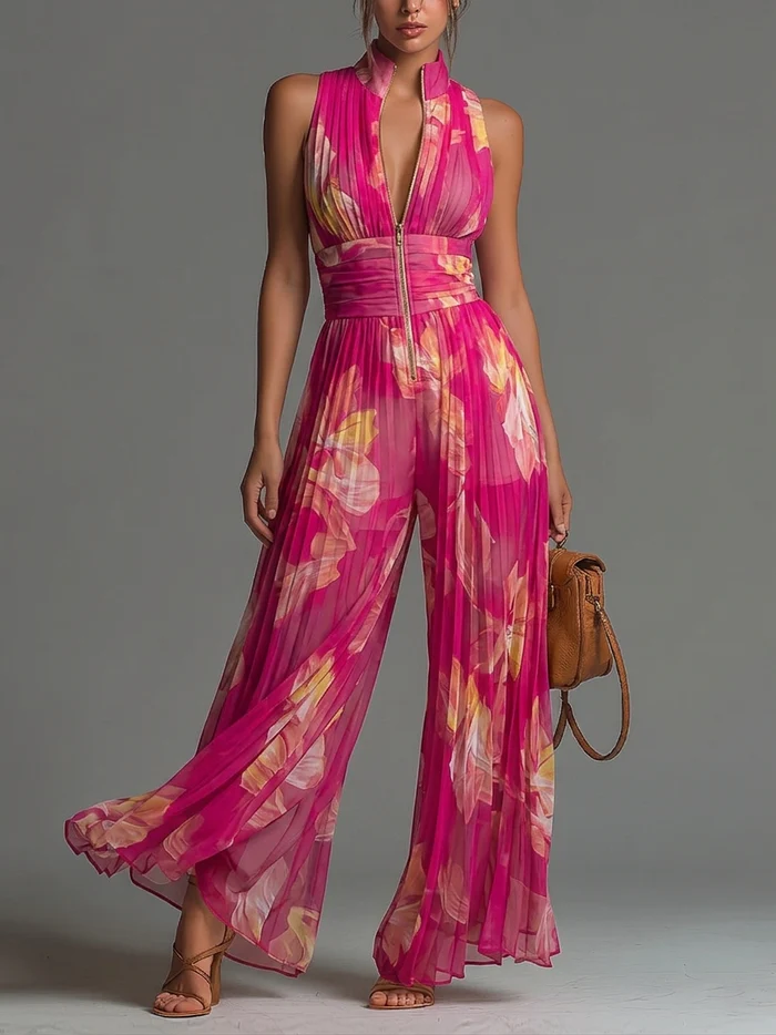Alessandra | Mono plisado floral con cuello alto y pierna ancha