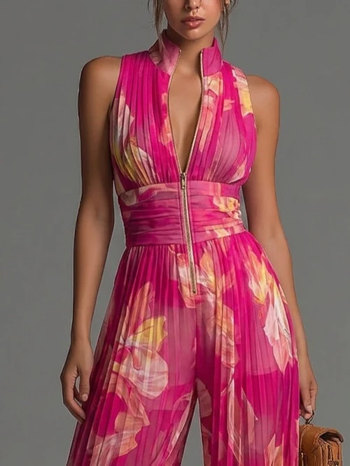 Alessandra | Mono plisado floral con cuello alto y pierna ancha
