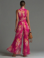 Alessandra | Mono plisado floral con cuello alto y pierna ancha