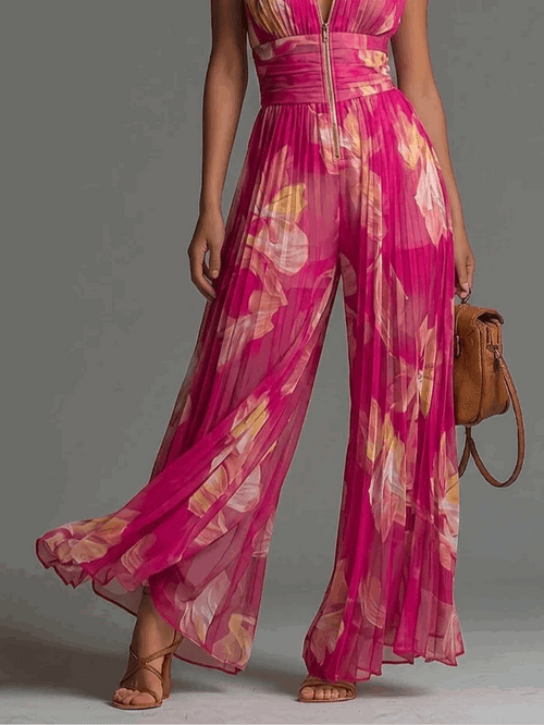 Alessandra | Mono plisado floral con cuello alto y pierna ancha