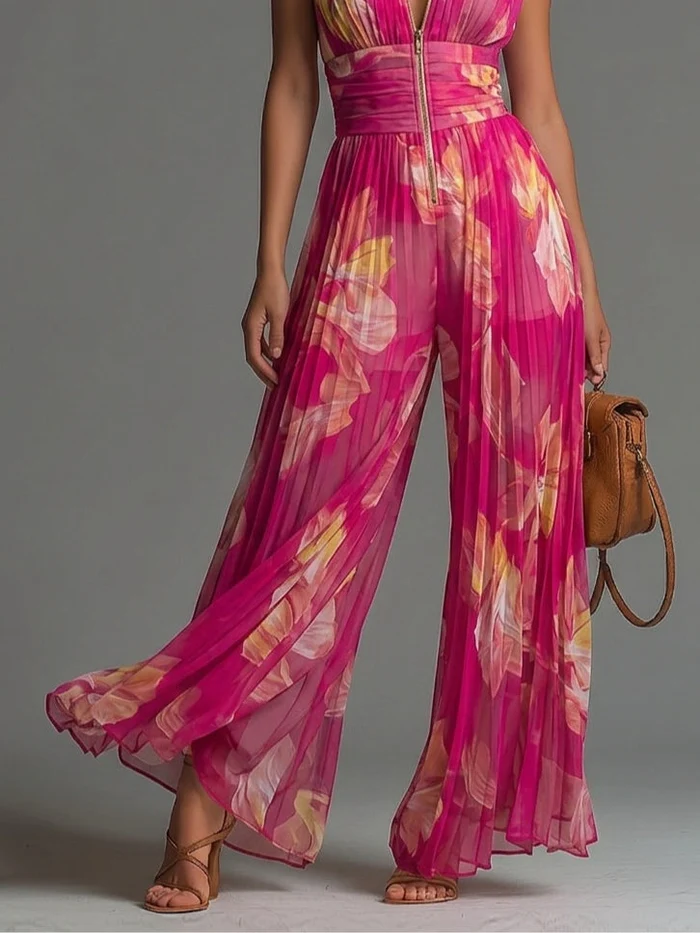 Alessandra | Mono plisado floral con cuello alto y pierna ancha