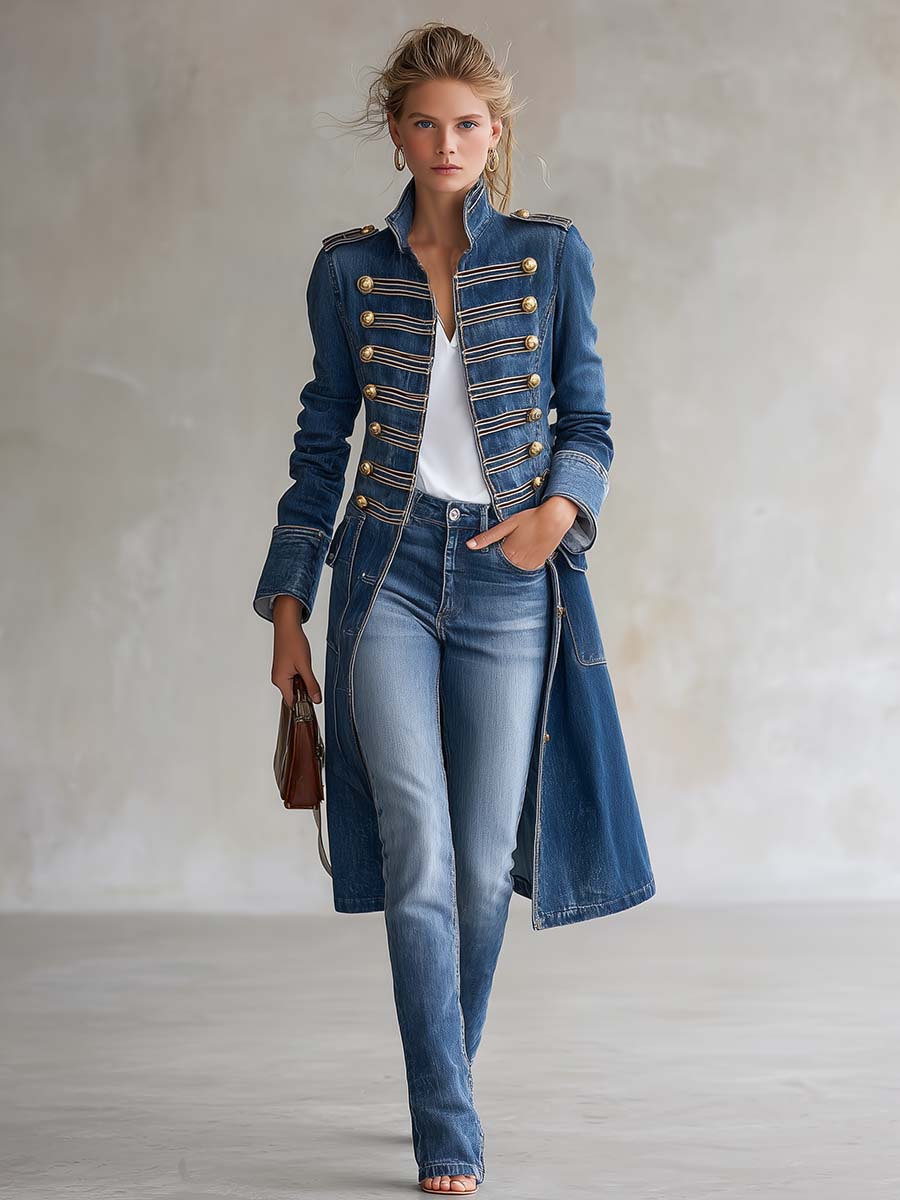 Joséphine | Manteau officier en denim délavé, boutons dorés.