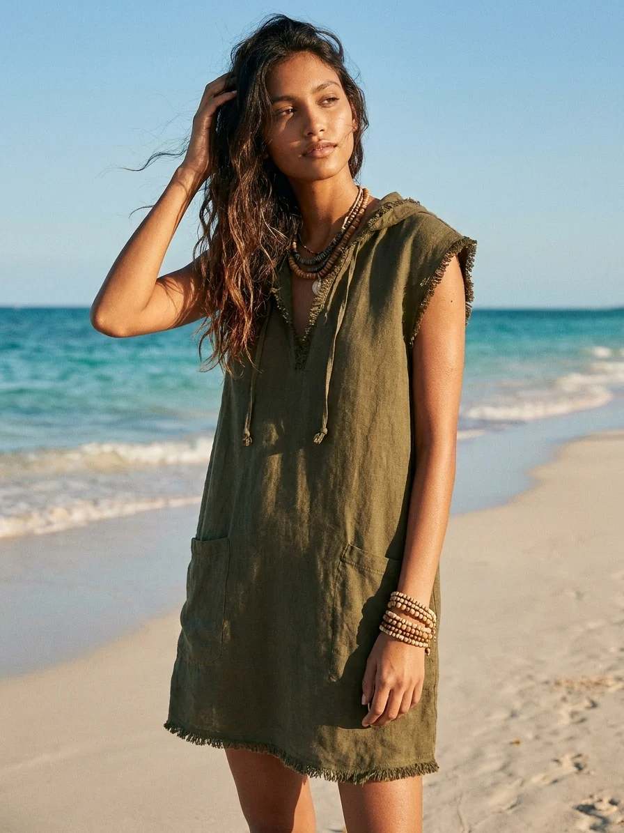 Coral | Vestido con capucha y bajo desflecado
