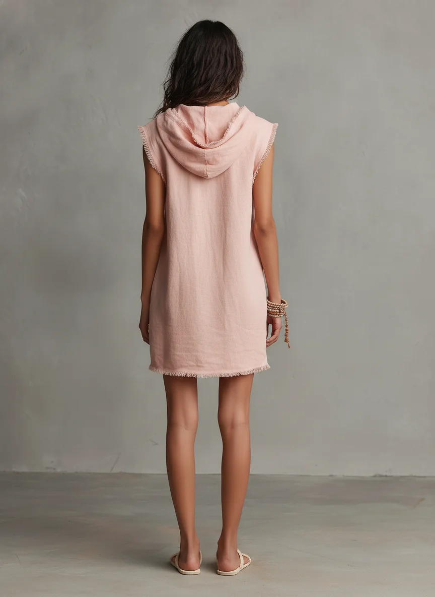 Coral | Vestido con capucha y bajo desflecado