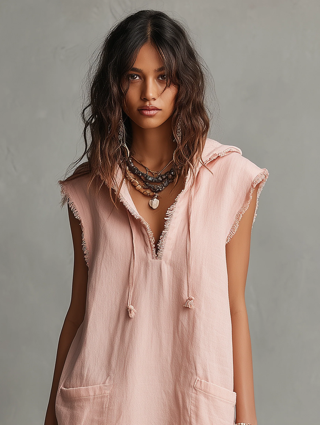 Coral | Vestido con capucha y bajo desflecado