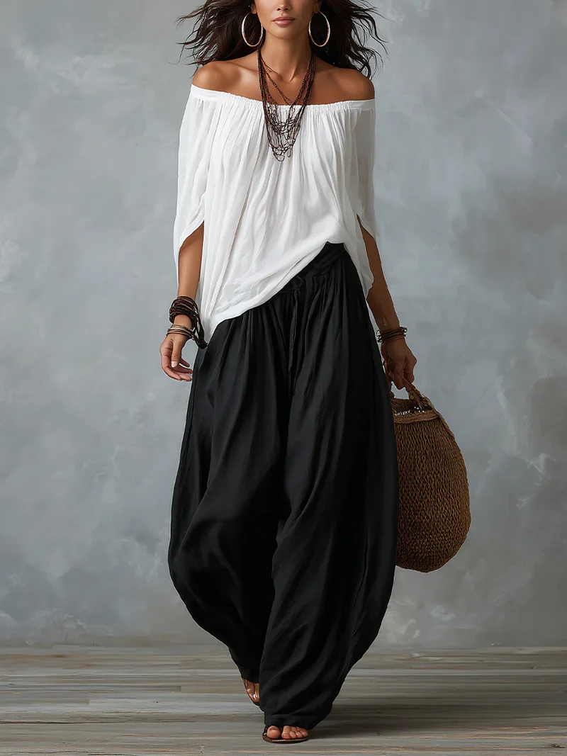 Almudena | Conjunto blusa off-shoulder y pantalón palazzo