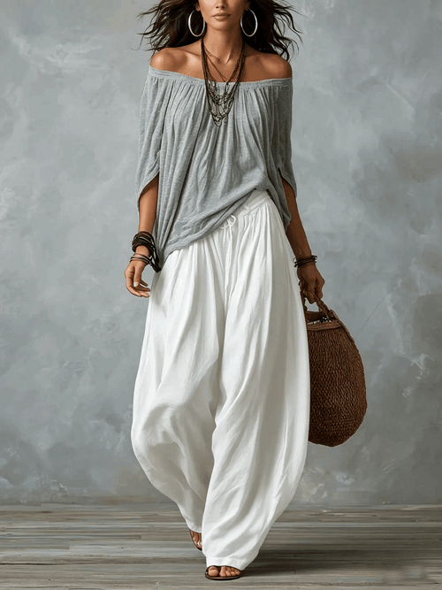 Almudena | Conjunto blusa off-shoulder y pantalón palazzo
