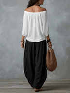 Almudena | Conjunto blusa off-shoulder y pantalón palazzo