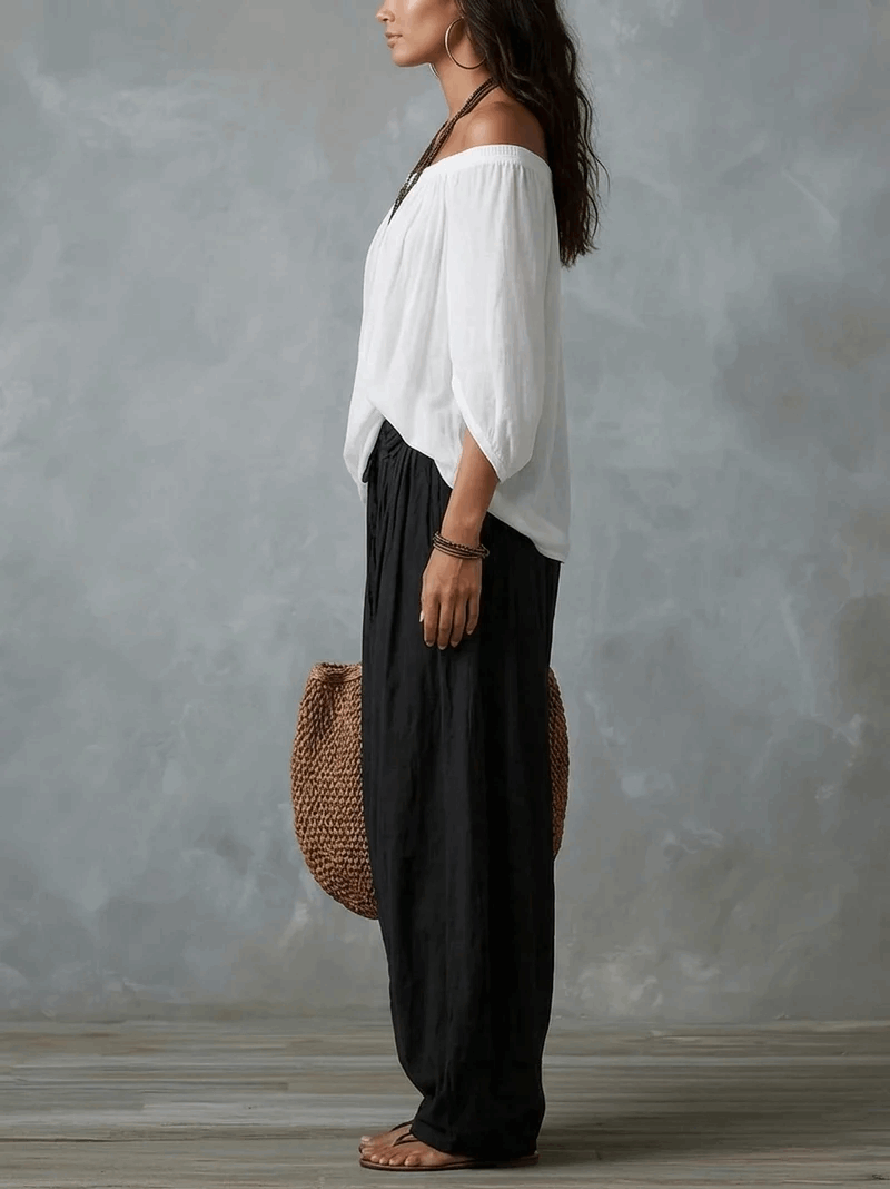 Almudena | Conjunto blusa off-shoulder y pantalón palazzo
