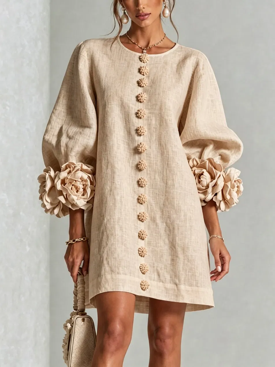 Odette | Robe texturée à col rond et poignets fleuris