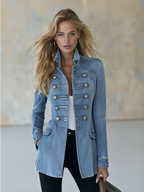Émilie | Veste militaire en denim bleu à col montant