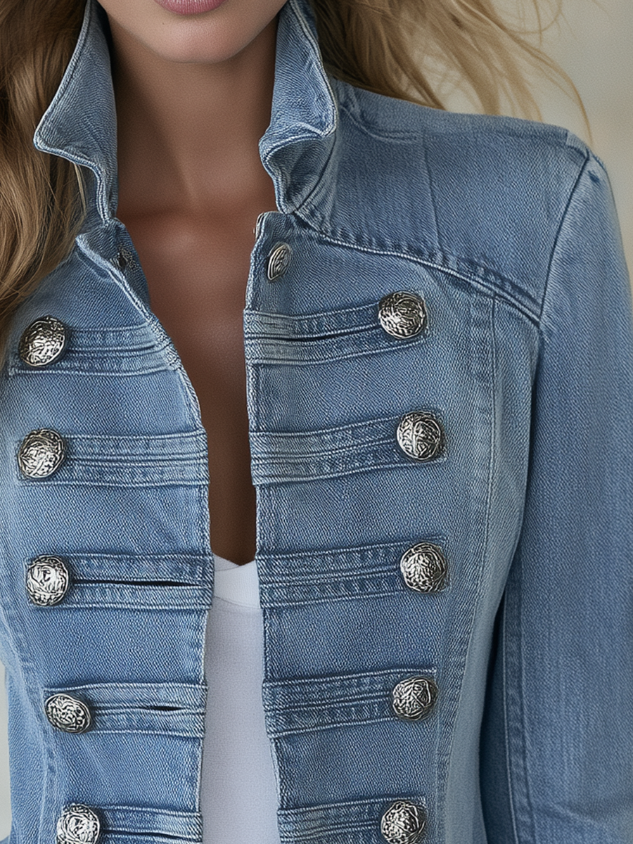 Émilie | Veste militaire en denim bleu à col montant