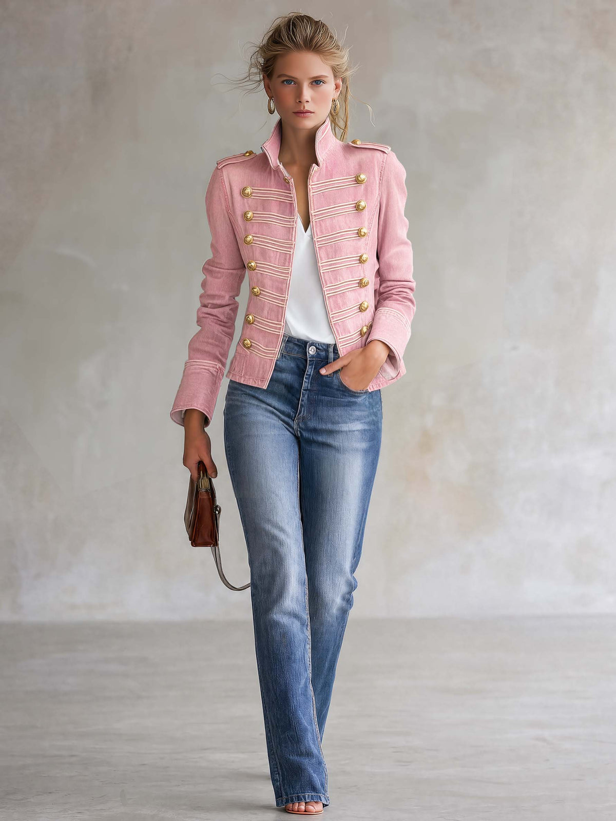 Marion | Veste militaire en denim rose à boutons dorés