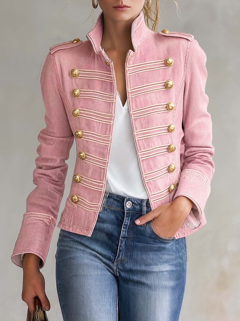 Marion | Veste militaire en denim rose à boutons dorés
