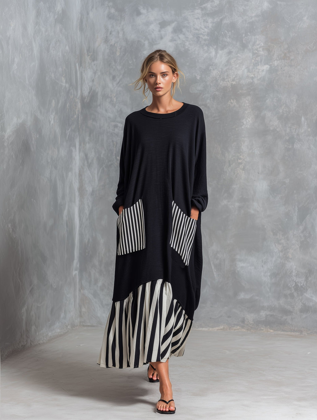 Stéphanie | Robe longue noire oversize à bandes patchwork