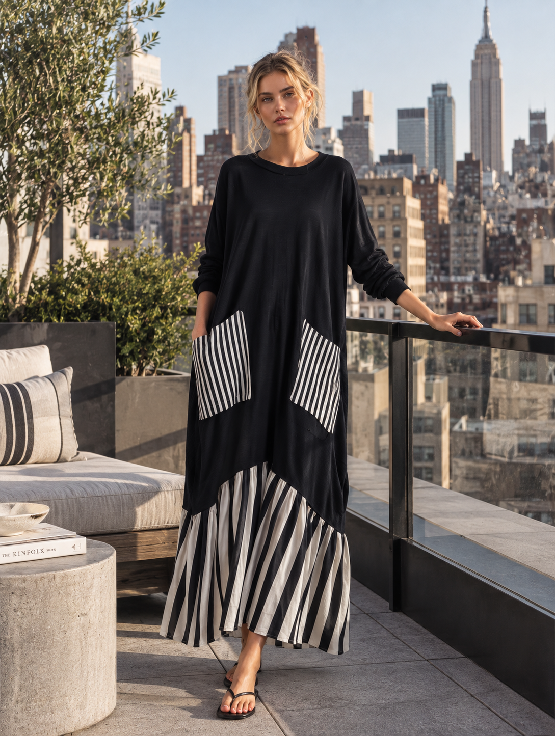 Stéphanie | Robe longue noire oversize à bandes patchwork