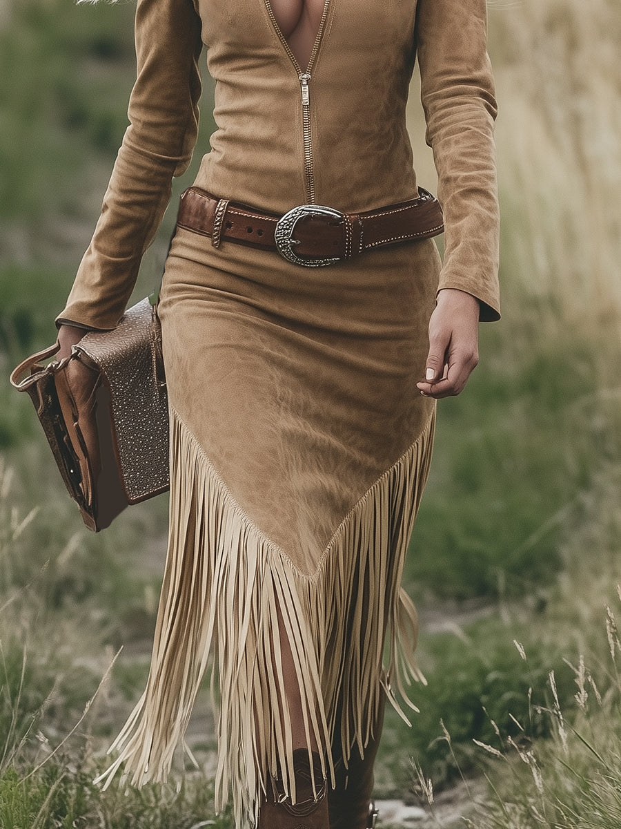 Camille | Robe mi-longue western rétro à revers, zippée, manches longues et franges