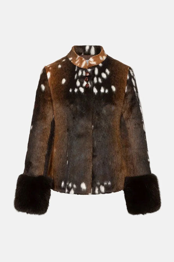 Faustine | Veste rétro en fausse fourrure imprimé animal, col montant et poignets duveteux