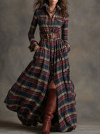 Margaux | Robe longue à revers et carreaux brun rougeâtre, style ethnique rétro