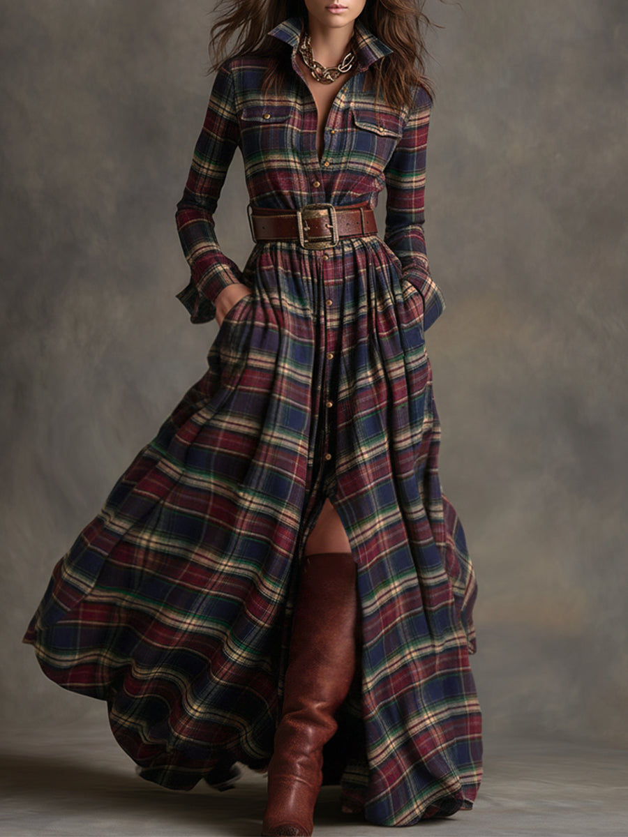 Margaux | Robe longue à revers et carreaux brun rougeâtre, style ethnique rétro