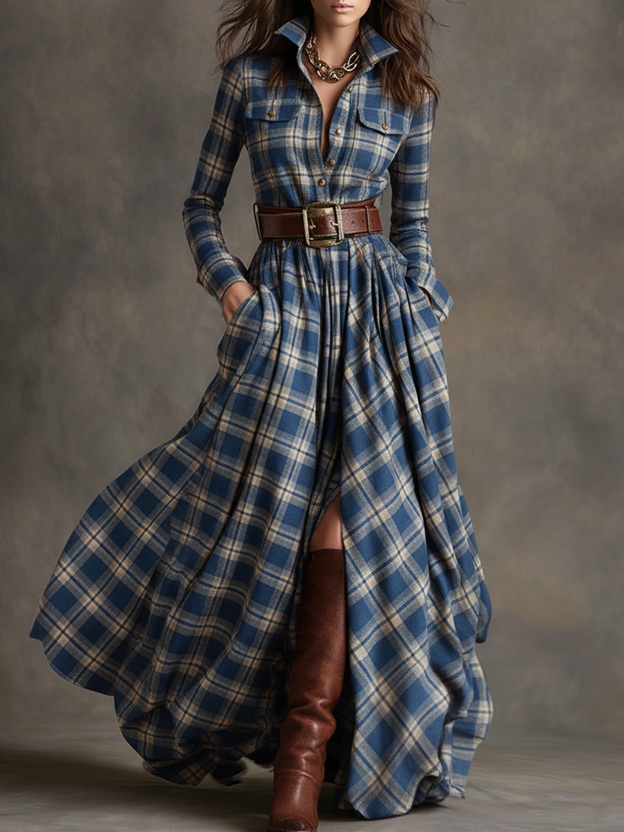 Margaux | Robe longue à revers et carreaux brun rougeâtre, style ethnique rétro