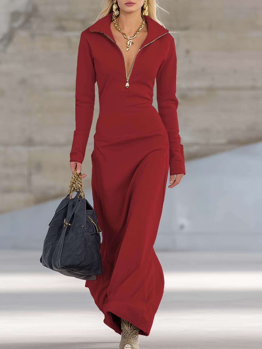 Solenne | Robe longue rétro sportive à col V, zip devant et manches longues